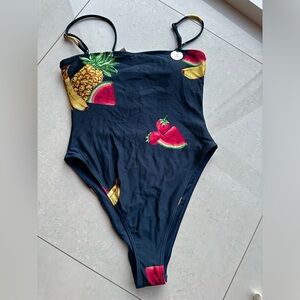 FOREVER 21 High Leg One Piece Swimsuit Multicolor Navy Tropical Size S NEW